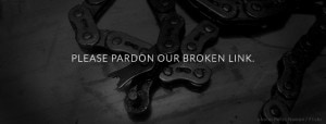Broken bicycle chain with text: Please pardon our broken link.