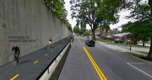 multi-use trail separated from car traffic by a low concrete wall in Tokoma