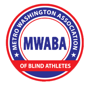 MWABA logo! It's a blue ring with red border that says Metro Washigton Association of Blind Athletes with MWABA in the middle