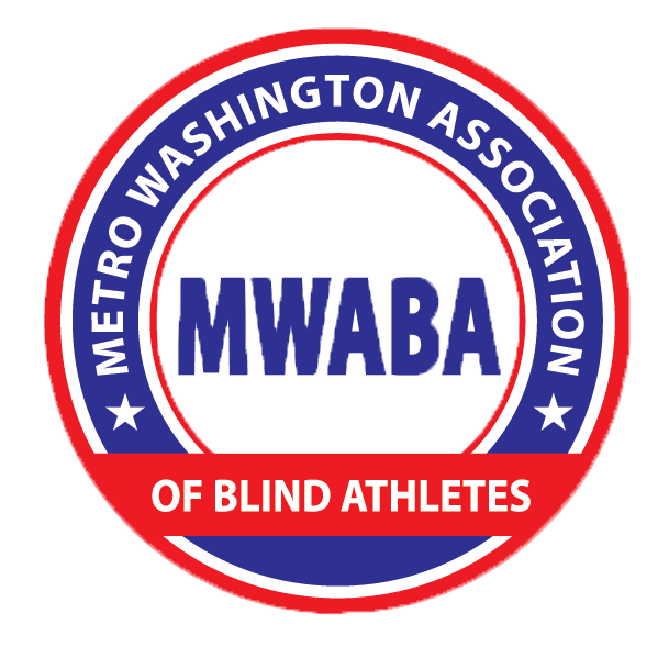 MWABA logo! It's a blue ring with red border that says Metro Washigton Association of Blind Athletes with MWABA in the middle