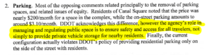 Highlighted text in a letter from DDOT to the ANC: “The agency’s role in managing and regulating public space is to ensure the safety and access for all travelers, not simply to provide private vehicle storage to nearby residents”