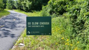 Brightly lit greenery and trail with some black eyed susans and a green yard sign that says Go Slow Enough That Everyone's Safe with the Trail Ranger logo