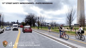 bicyclists ride near the Washington Monument in a protected bike lane
