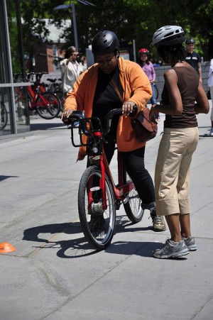 Marya teaching WABA Learn to Ride class at Anacostia Library